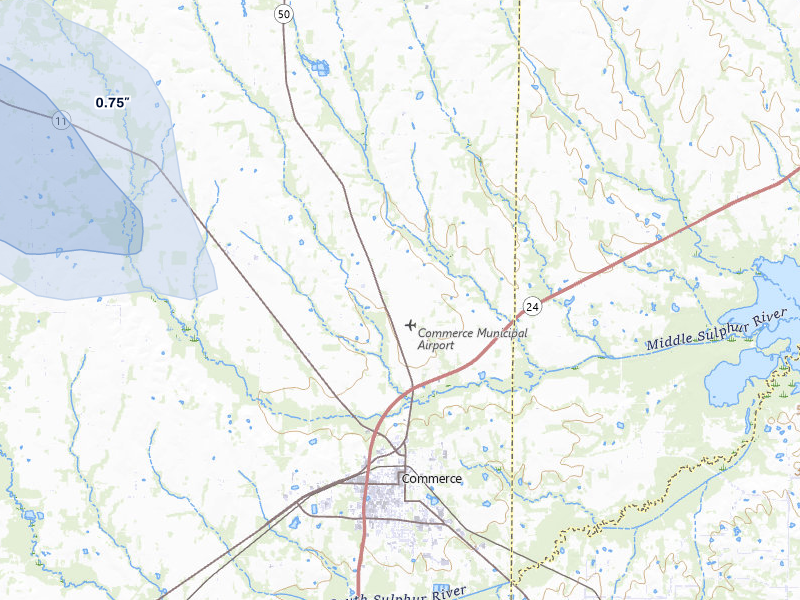 NEXRAD radar-signature map of the hail storm over Commerce, TX on Jul 6, 2026