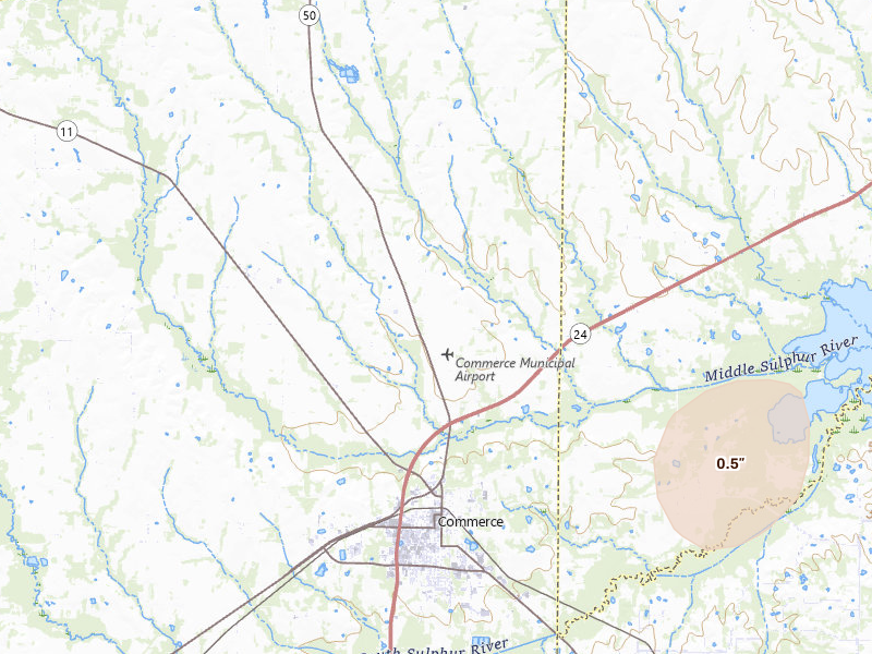 Radar-estimated hail-size map of the storm over Commerce, TX on Jul 12, 2026
