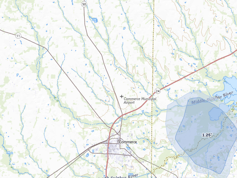 NEXRAD radar-signature map of the hail storm over Commerce, TX on Jul 12, 2026