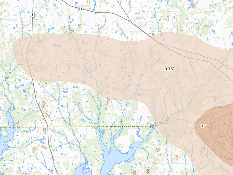 Radar-estimated hail-size map of the storm over Como, TX on May 8, 2026