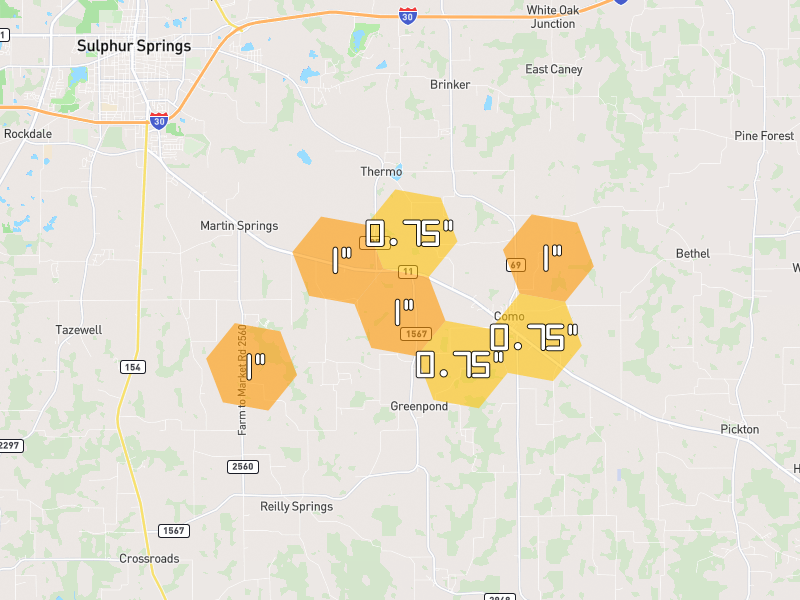 Hail map of Como, TX on Jul 6, 2026, hail up to 1"