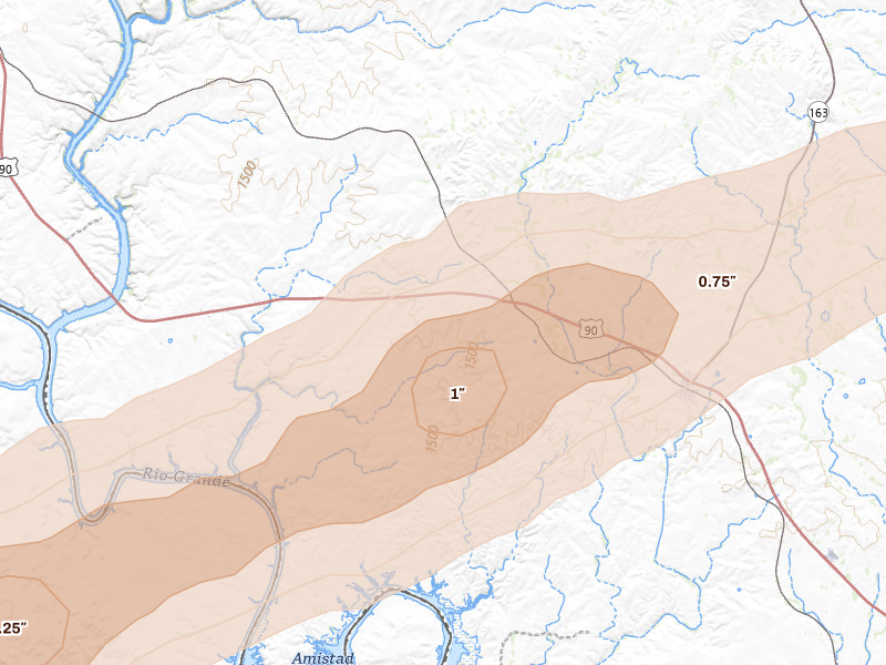 Radar-estimated hail-size map of the storm over Comstock, TX on Apr 14, 2026