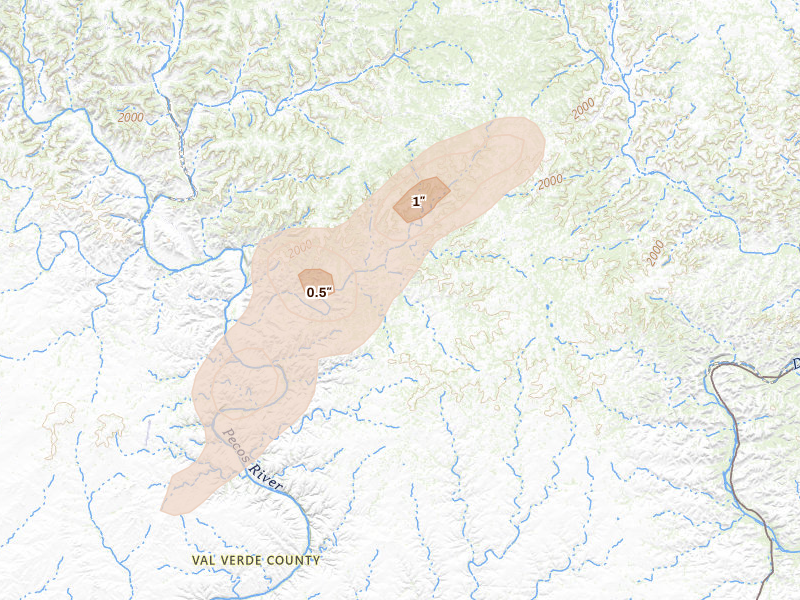 Radar-estimated hail-size map of the storm over Comstock, TX on Jul 6, 2026