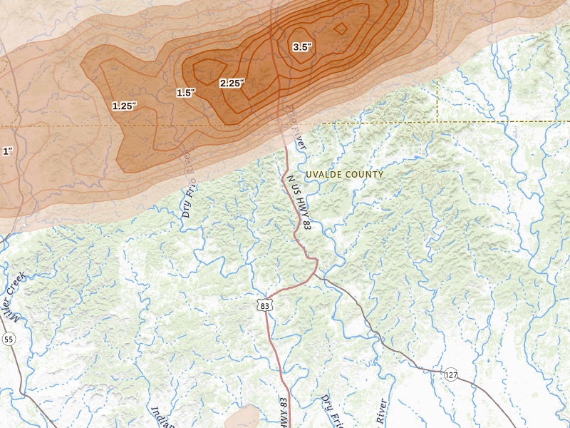 Radar-estimated hail-size map of the storm over Concan, TX on Mar 10, 2026