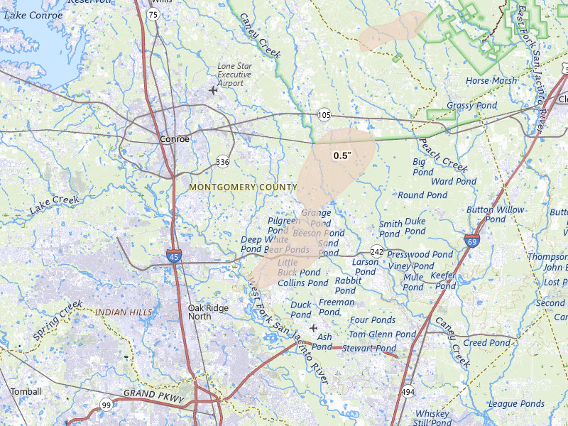 Radar-estimated hail-size map of the storm over Conroe, TX on Mar 7, 2026