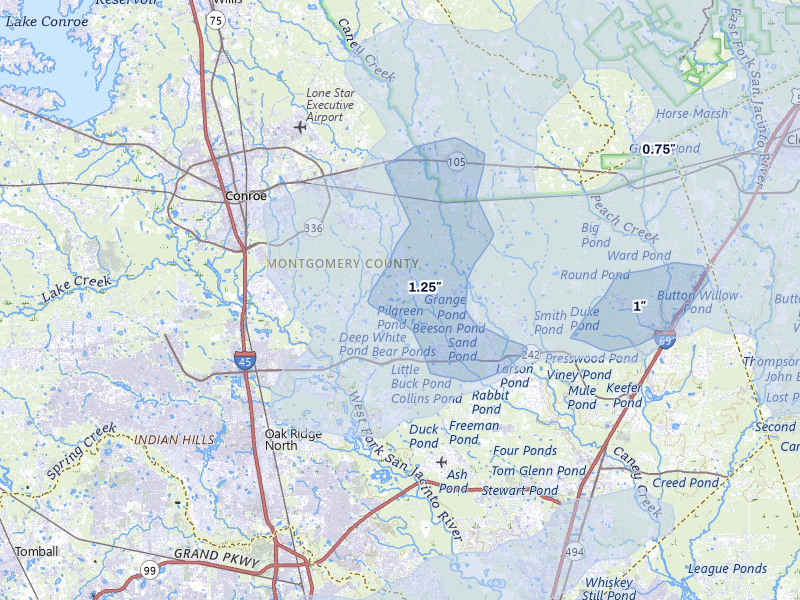 NEXRAD radar-signature map of the hail storm over Conroe, TX on Mar 7, 2026