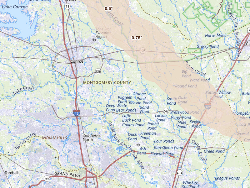 Radar-estimated hail-size map of the storm over Conroe, TX on Mar 15, 2026