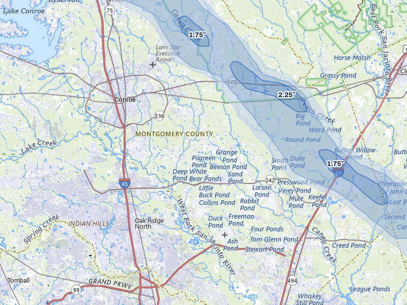 NEXRAD radar-signature map of the hail over Conroe, TX