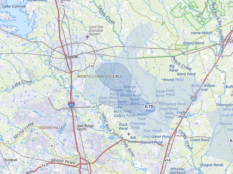 NEXRAD radar-signature map of the hail storm over Conroe, TX on May 10, 2026
