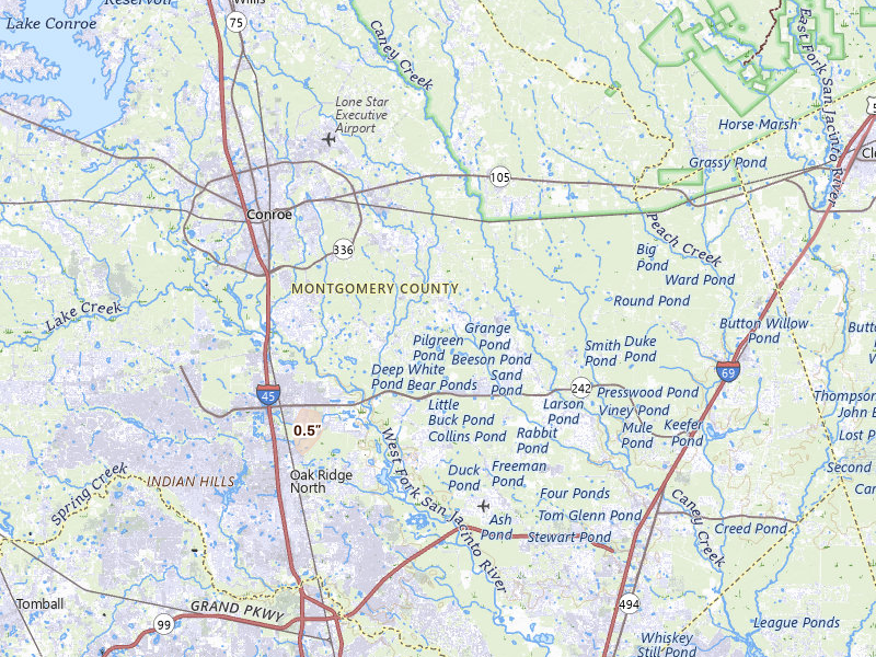 Radar-estimated hail-size map of the storm over Conroe, TX on Jun 2, 2026