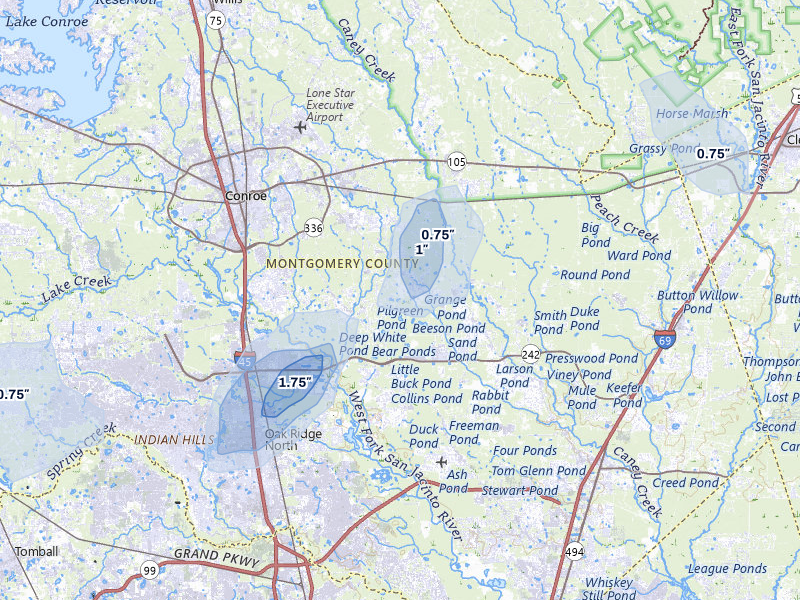 NEXRAD radar-signature map of the hail over Conroe, TX