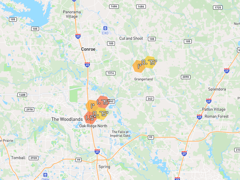 Hail map of Conroe, TX on Jun 2, 2026, hail up to 1.75"