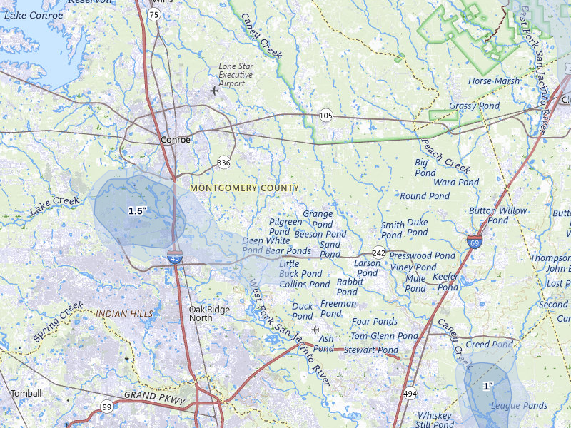 NEXRAD radar-signature map of the hail storm over Conroe, TX on Jul 7, 2026