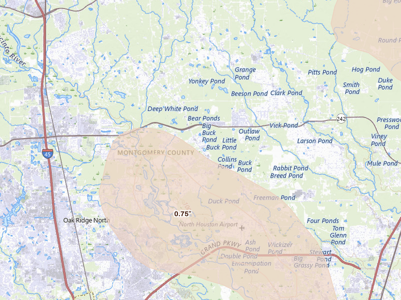 Radar-estimated hail-size map of the storm over Conroe, TX on Sep 2, 2026