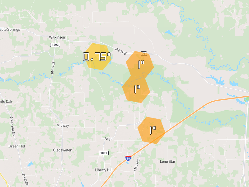 Hail map of Cookville, TX on Jun 2, 2026, hail up to 1"