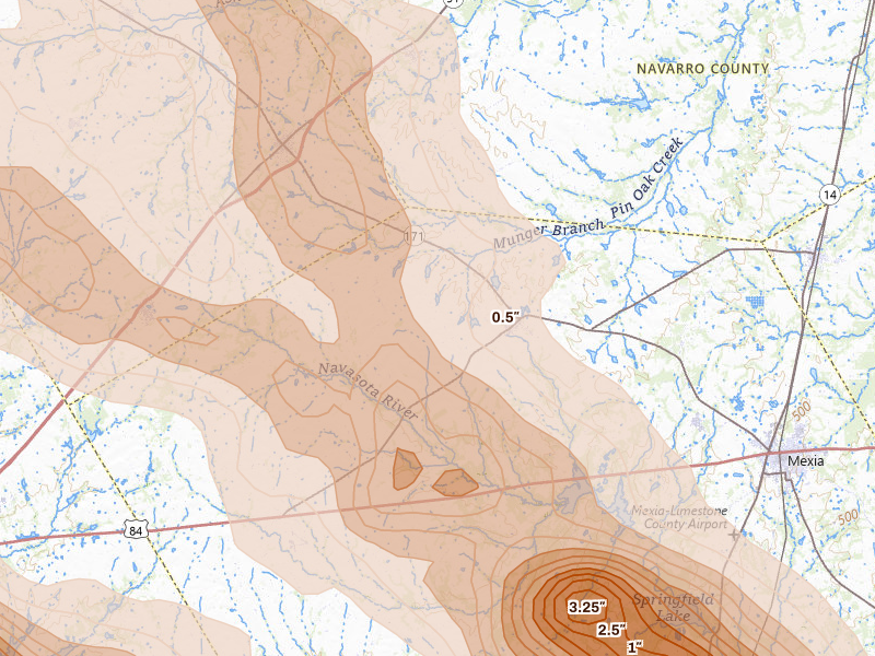 Radar-estimated hail-size map of the storm over Coolidge, TX on Apr 28, 2026
