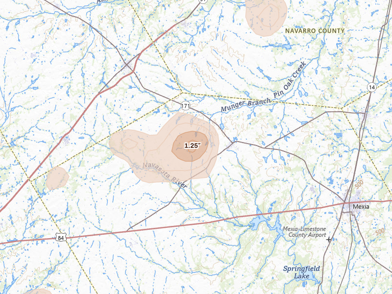 Radar-estimated hail-size map of the storm over Coolidge, TX on Jun 2, 2026