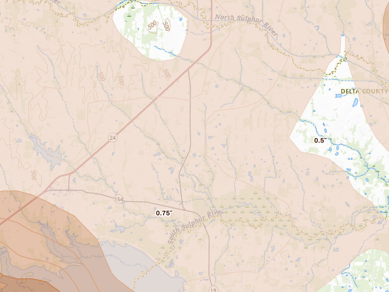 Radar-estimated hail-size map of the storm over Cooper, TX on Apr 24, 2026