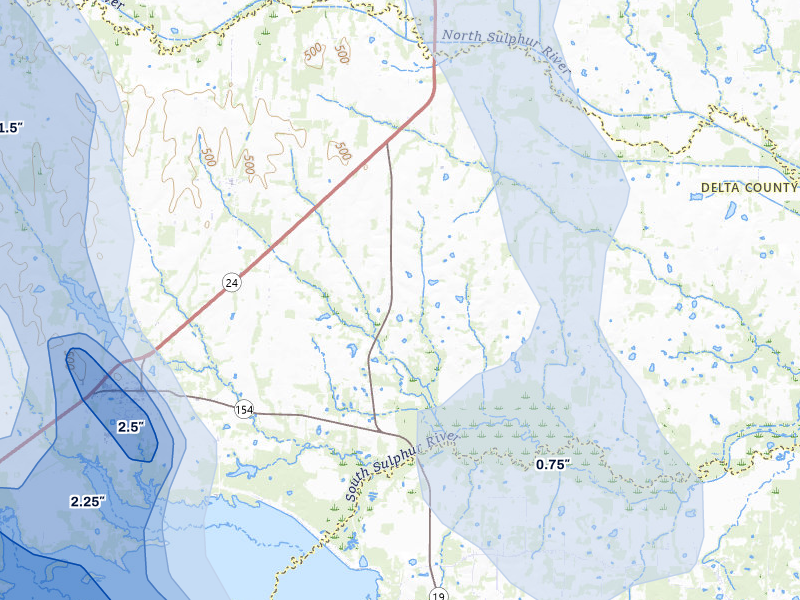 NEXRAD radar-signature map of the hail storm over Cooper, TX on Apr 24, 2026