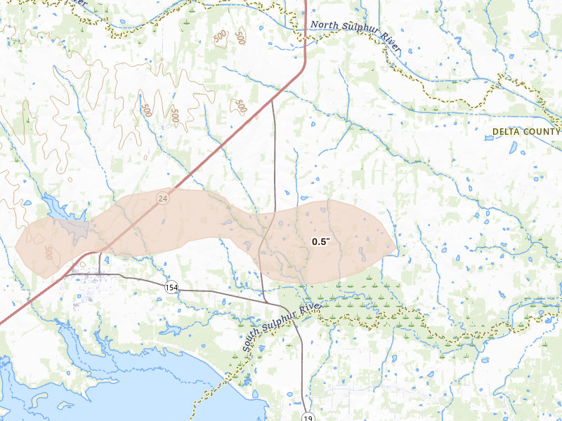 Radar-estimated hail-size map of the storm over Cooper, TX on Apr 29, 2026