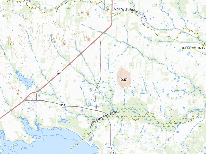 Radar-estimated hail-size map of the storm over Cooper, TX on Jul 4, 2026