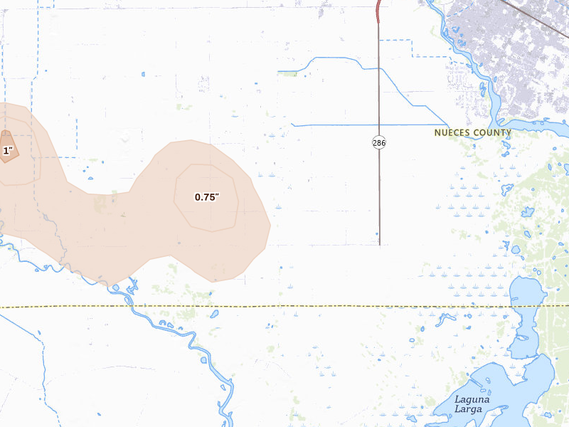 Radar-estimated hail-size map of the storm over Corpus Christi, TX on Jul 20, 2026