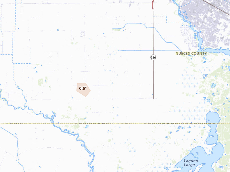 Radar-estimated hail-size map of the storm over Corpus Christi, TX on Aug 1, 2026