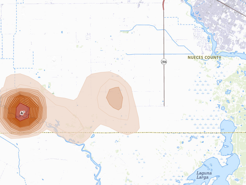 Radar-estimated hail-size map of the storm over Corpus Christi, TX on Aug 21, 2026