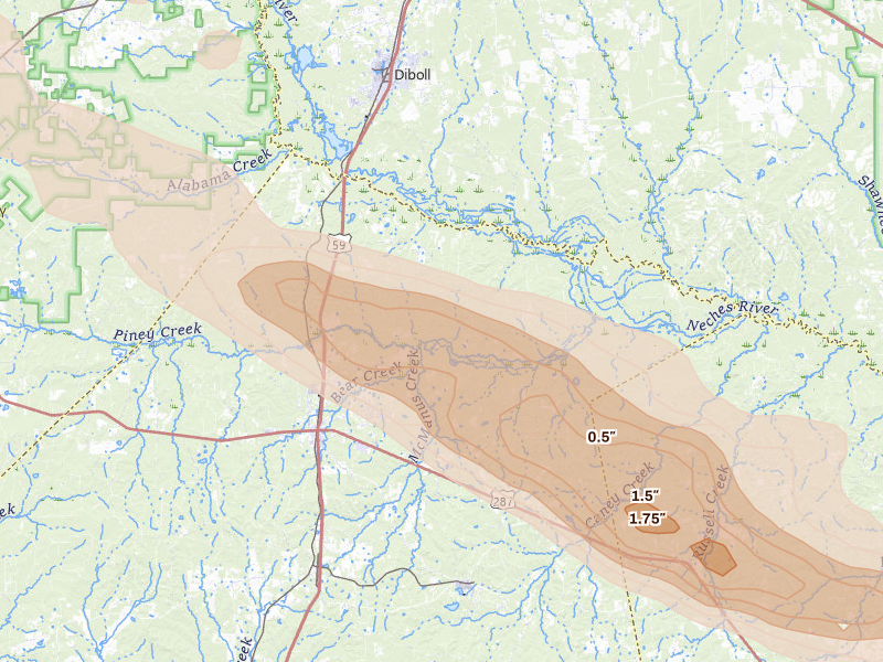 Radar-estimated hail-size map of the storm over Corrigan, TX on Mar 15, 2026