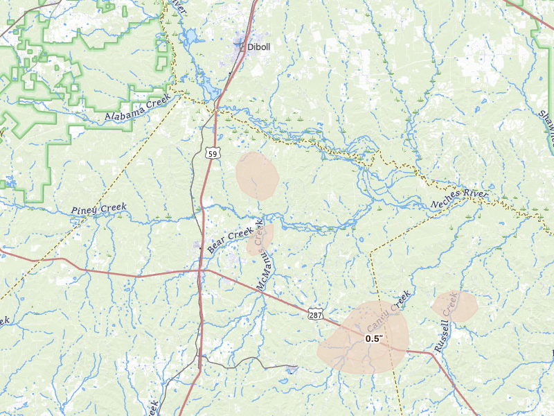 Radar-estimated hail-size map of the storm over Corrigan, TX on May 10, 2026