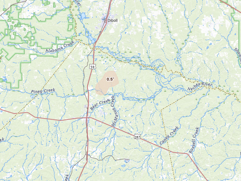 Radar-estimated hail-size map of the storm over Corrigan, TX on May 19, 2026