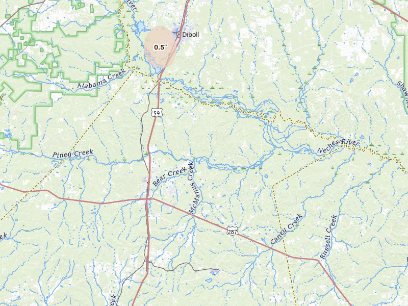 Radar-estimated hail-size map of the storm over Corrigan, TX on Jul 12, 2026