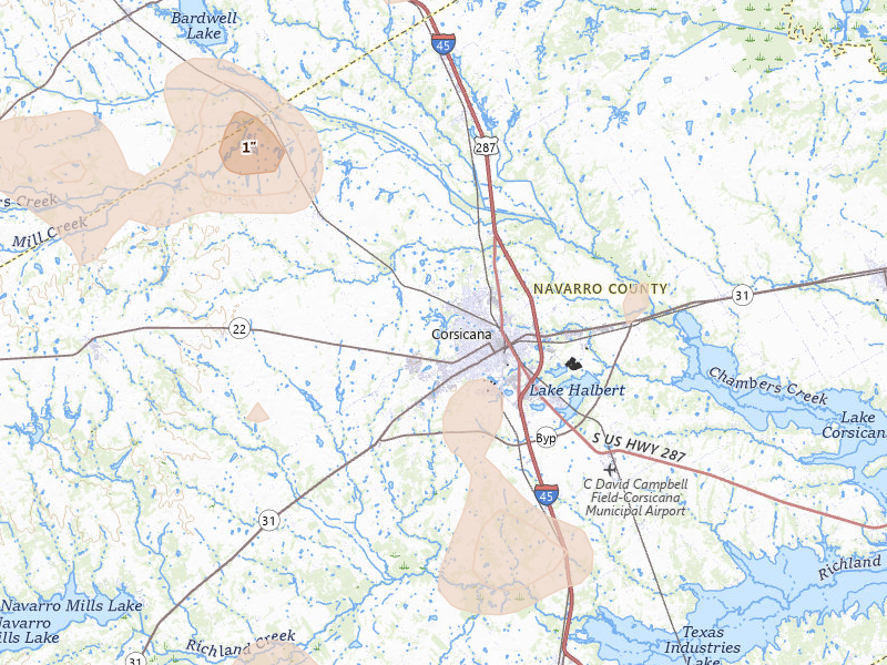 Radar-estimated hail-size map of the storm over Corsicana, TX on Jun 2, 2026