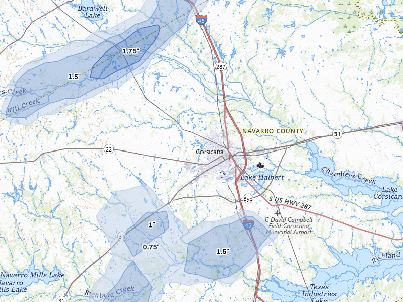 NEXRAD radar-signature map of the hail over Corsicana, TX
