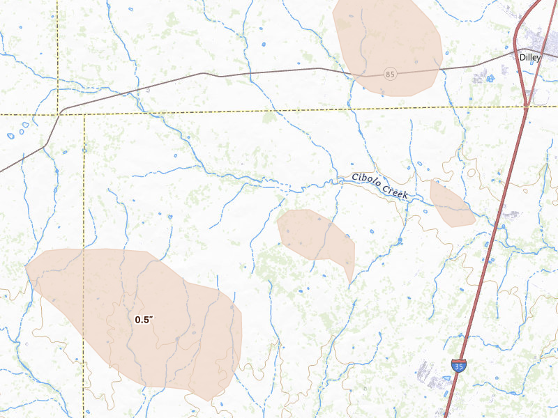 Radar-estimated hail-size map of the storm over Cotulla, TX on May 10, 2026