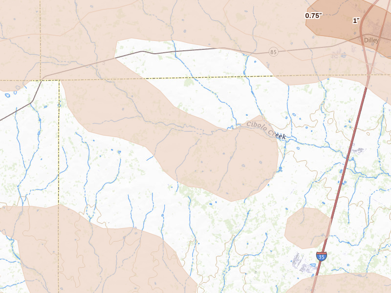 Radar-estimated hail-size map of the storm over Cotulla, TX on May 26, 2026