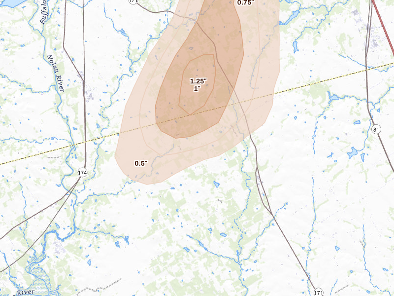 Radar-estimated hail-size map of the storm over Covington, TX on Mar 4, 2026