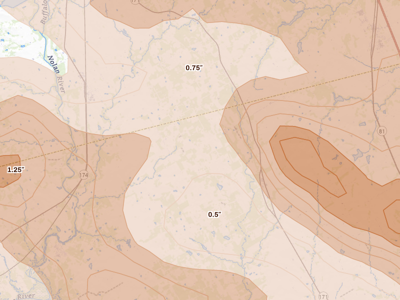 Radar-estimated hail-size map of the storm over Covington, TX on Apr 28, 2026