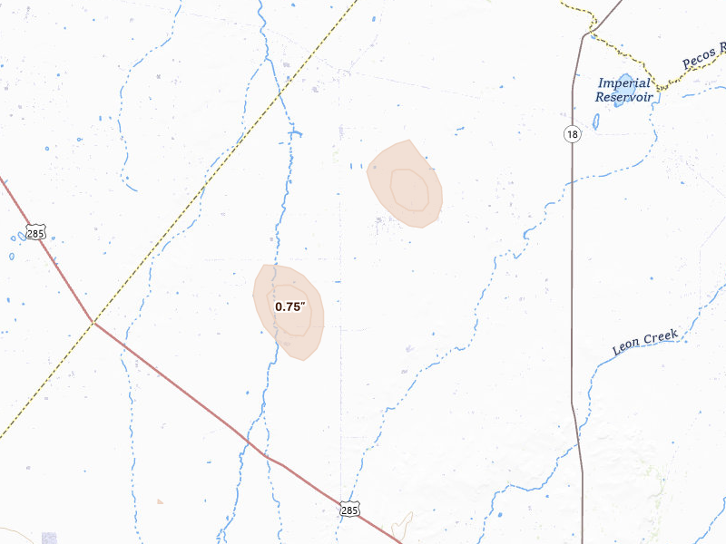 Radar-estimated hail-size map of the storm over Coyanosa, TX on Aug 12, 2026