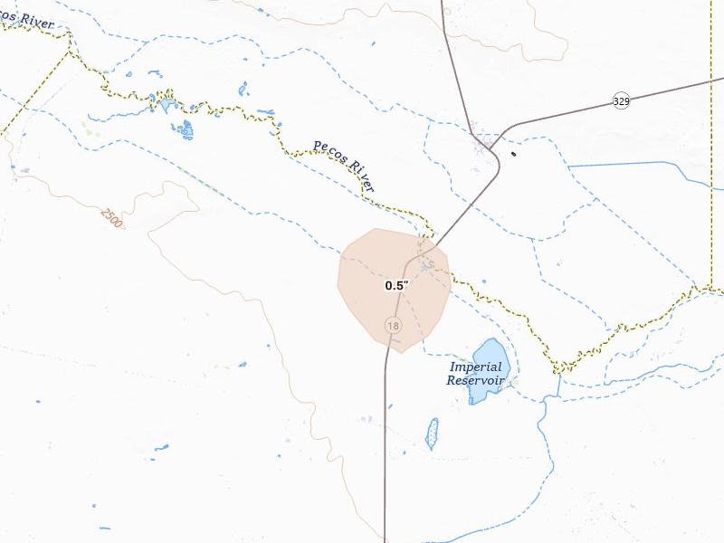 Radar-estimated hail-size map of the storm over Coyanosa, TX on Aug 13, 2026