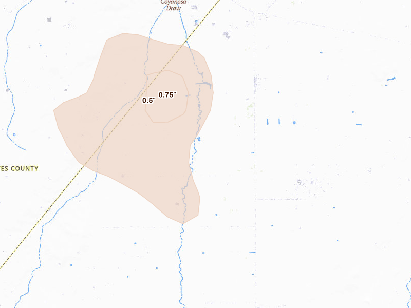 Radar-estimated hail-size map of the storm over Coyanosa, TX on Aug 14, 2026