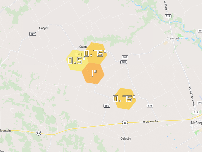 Hail map of Crawford, TX on Jun 2, 2026, hail up to 1"