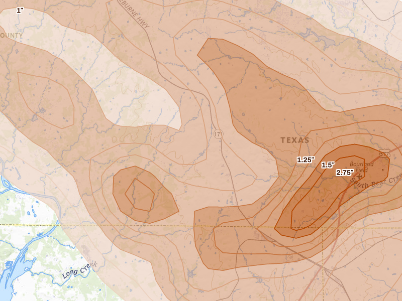 Radar-estimated hail-size map of the storm over Cresson, TX on Apr 28, 2026