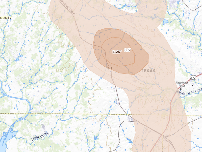 Radar-estimated hail-size map of the storm over Cresson, TX on May 28, 2026