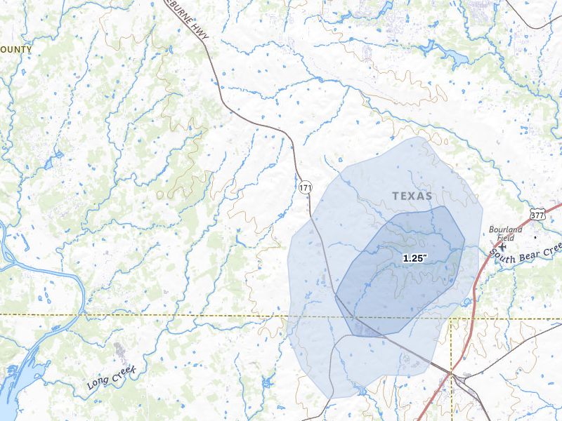 NEXRAD radar-signature map of the hail storm over Cresson, TX on Jul 7, 2026