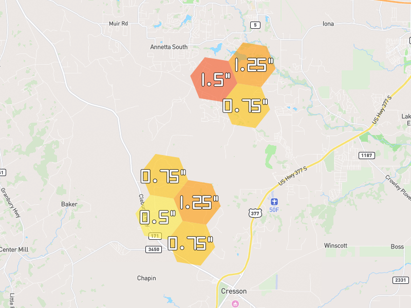 Hail map of Cresson, TX on Jul 7, 2026, hail up to 1.5"