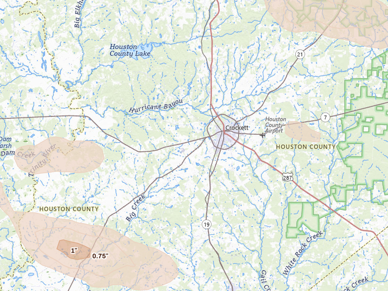 Radar-estimated hail-size map of the storm over Crockett, TX on Mar 15, 2026