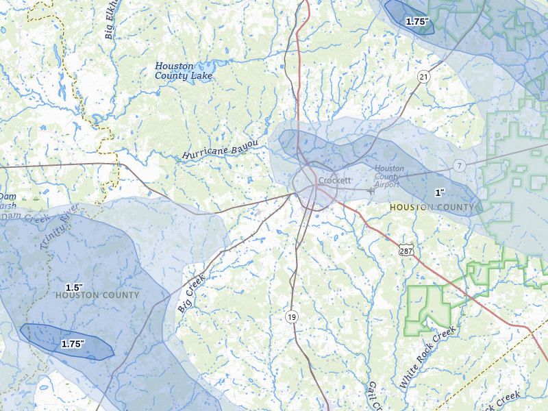 NEXRAD radar-signature map of the hail over Crockett, TX