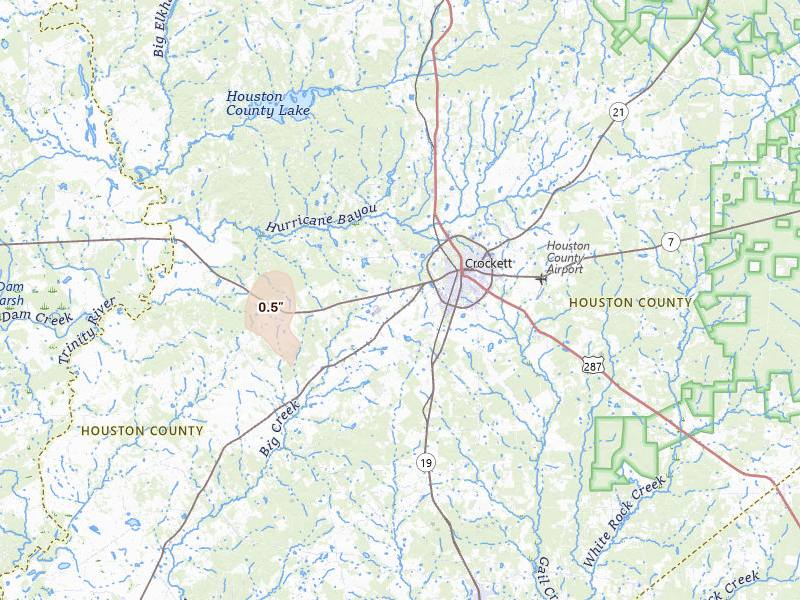 Radar-estimated hail-size map of the storm over Crockett, TX on Apr 12, 2026