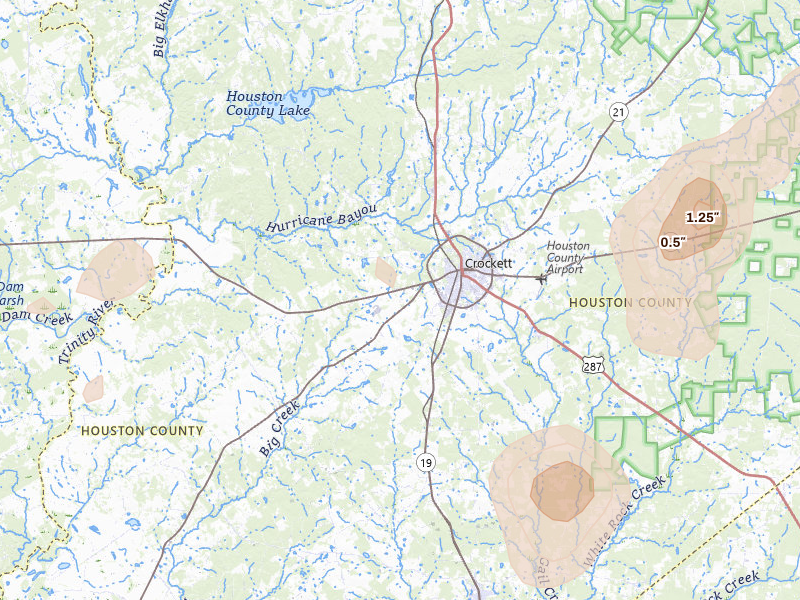 Radar-estimated hail-size map of the storm over Crockett, TX on Jun 2, 2026